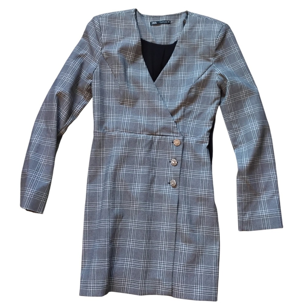 Zara Grey Glen Plaid Faux Wrap Mini Dress Rhinestone Buttons Long Sleeve Small